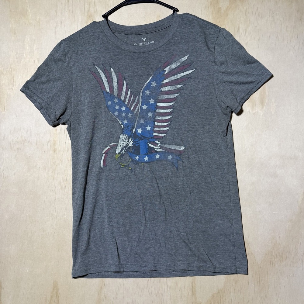 American Eagle Womens Gray Patriotic Eagle Graphic T Shirt USA Flag Tee Small